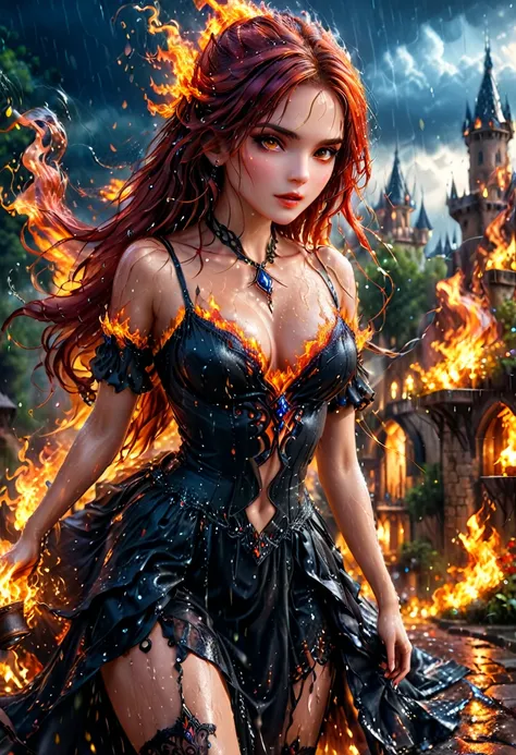 a sorceress of fire making fire dance in a the (storm of rain: 1.3), a most exquisite beautiful sorceress, controlling fire manipulating fire, a woman, dynamic hair color, dynamic hair style, (most beautiful face: 1.3), (ultra detailed face: 1.2), wet hair...