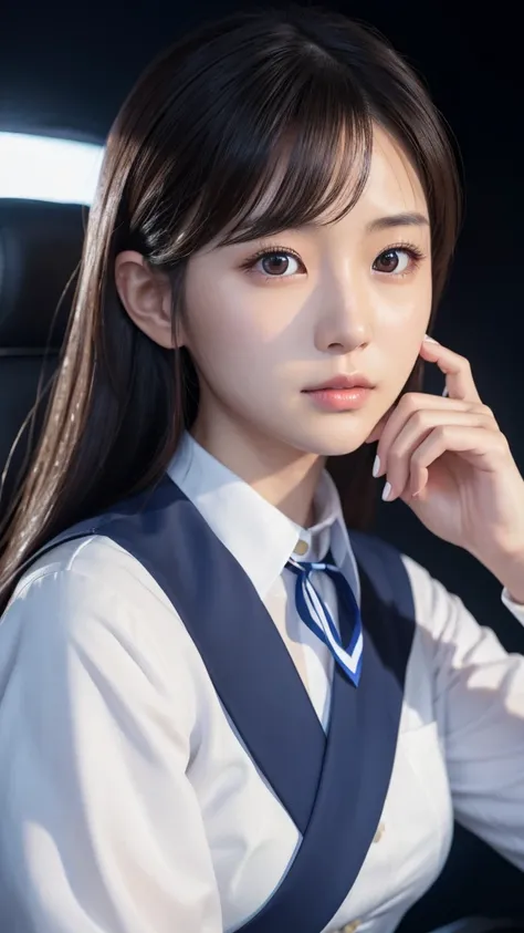 A beautiful young Japanese woman, around 20 years old, wearing a stewardess uniform, ultra-detailed, 8K resolution, highly realistic, cinematic lighting, best quality, masterpiece, photorealistic, physically-based rendering, extremely detailed, vivid color...