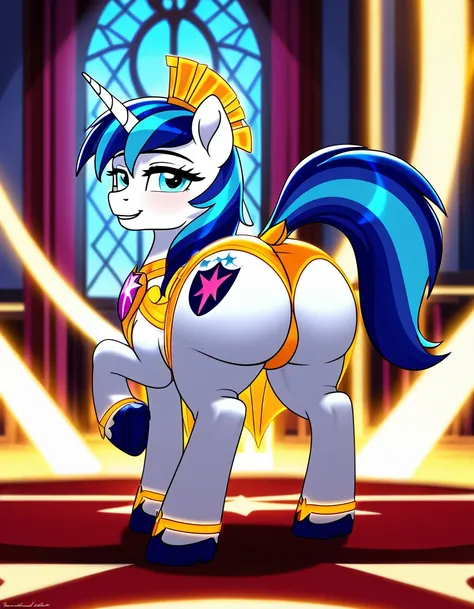 (((my little pony))), solo, ((slutty costume)), beautiful pony body, ((seductive perky big butt)), behind view, (((shining armor))), ((4 legs)), radiant lighting, vibrant colors, whimsical atmosphere, 8K, high resolution, highly detailed, masterpiece, vibr...