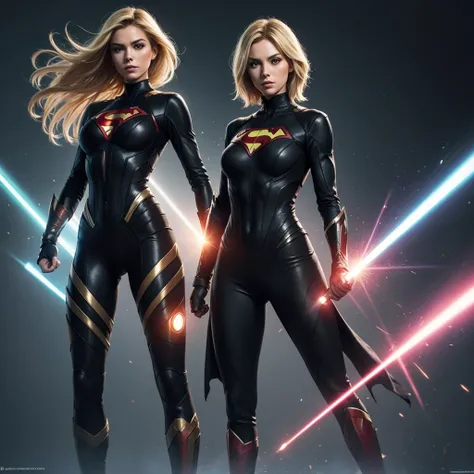 Create a blonde superhero with a black costume and laser power