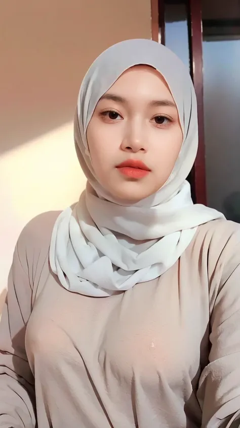 ((a 20 yo woman with slim body and small breast)) ,hijab,gray sweater,white theme clothes, soothing tones, muted colors, high contrast, (natural skin texture, hyperrealism, soft light, sharp), simple background, The fabric traces the shape of the body, med...