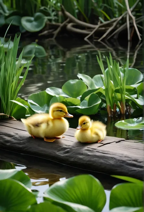 The ducklings are swimming、Highest quality、masterpiece、aesthetic、