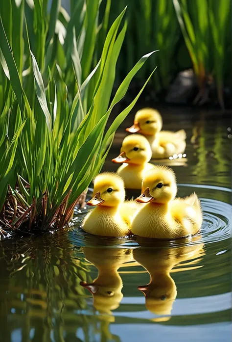 The ducklings are swimming、Highest quality、masterpiece、aesthetic、