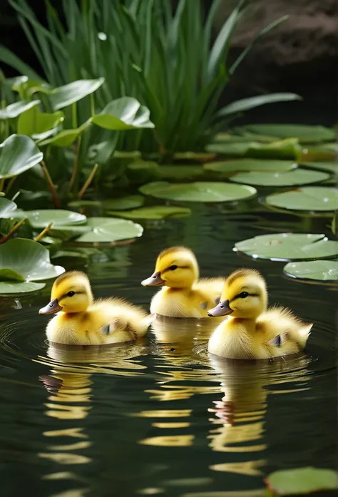 The ducklings are swimming、Highest quality、masterpiece、aesthetic、