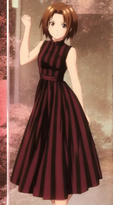 kyoko1, short hair, brown hair, pink striped dress, brown eyes, Masterpece, look at the views,