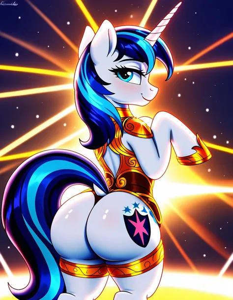 (((my little pony))), solo, ((bisexuals costume)), beautiful pony body, ((seductive perky big butt)), behind view, (((shining armor))), ((4 legs)), radiant lighting, vibrant colors, whimsical atmosphere, 8K, high resolution, highly detailed, masterpiece, v...