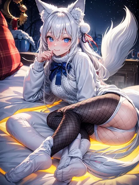 Anime, 1girl, white hair, blue eyes, glowing eyes, fishnet leggings, white winter sweater, mini-skirt, slight smile, blush, cozy house, fireplace, kitsune girl, fox plush, nine tailed girl, snow, white neck bow, fox ears, black tight leggings, blue glowing...