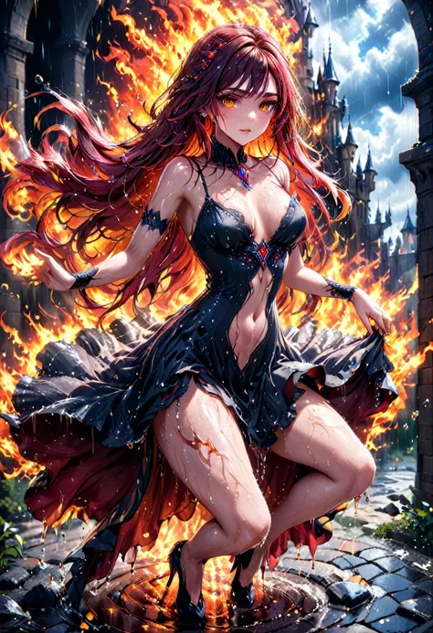 a sorceress of fire making fire dance in a the (storm of rain: 1.3), a most exquisite beautiful sorceress, controlling fire manipulating fire, a woman, dynamic hair color, dynamic hair style, (most beautiful face: 1.3), (ultra detailed face: 1.2), wet hair...