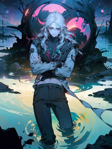 ((1 male)). ((manly:1.2)), Create a detailed portrait of a man with long hair that transitions from black at the roots to lavender at the ends, styled in an ombre effect. His hair is flowing freely in the water around him. ((hes lying in the water)). He ha...