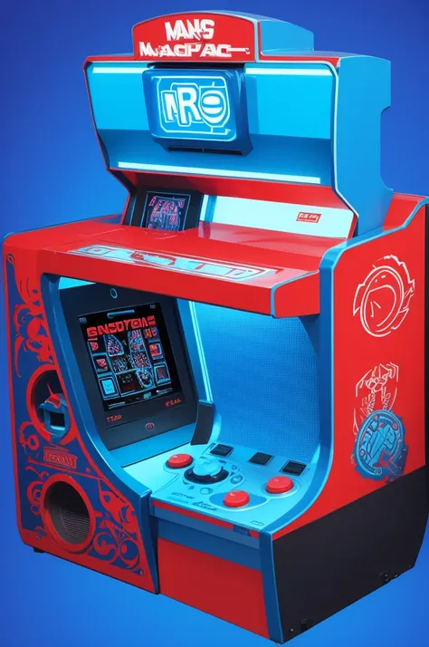 a logo with a blue background with the retro aesthetic written manos bot and an arcade in the background