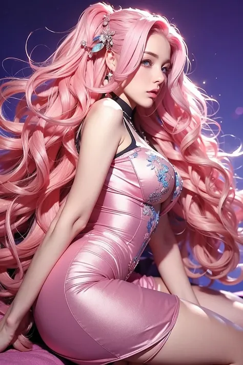 Women, long wavy hair, pink hair, Blue eyes, sexy, short, Bold outfit,  bottom, people in the bottom, hair price, people in the bottom 