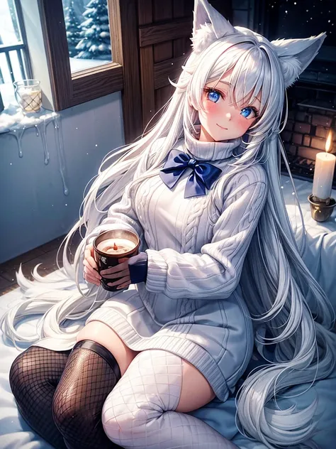 Anime, 1girl, white hair, blue eyes, glowing eyes, fishnet leggings, white winter sweater, mini-skirt, slight smile, blush, cozy house, fireplace, kitsune girl, fox plush, nine tailed girl, snow, white neck bow, fox ears, black tight leggings, blue glowing...