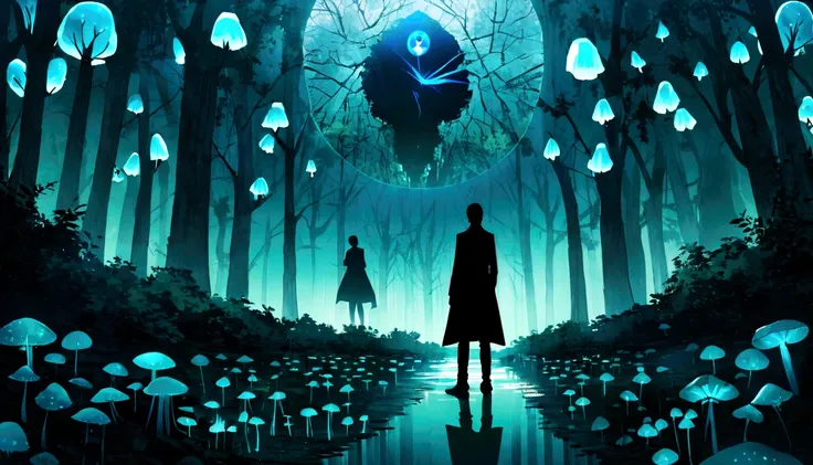 Mirror Eye in the center of à Labyrinthe, blue bioluminescent mushrooms, masterpiece, road into the woods, think outside the box, miracles, mirrors, two black silhouettes characters, the matrix, highres