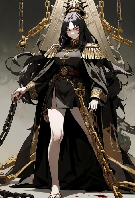 standing, a arrogant woman with eyes and long hair and leg and feet and big bust, Warhammer universe, anime design, wearing luxurious military lord captain garment, with grim dark elements, in a detailed darkened backdrop, surrounded by chains, blood