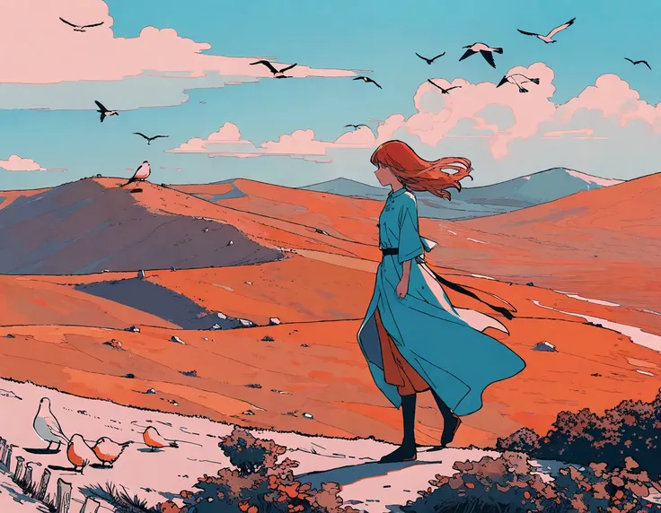 flat color, a girl, standing on the a hill, wind, day, amazing quality, very beautiful color, by iamuu, aesthetic, birds, beautiful scener, perfect, expansive