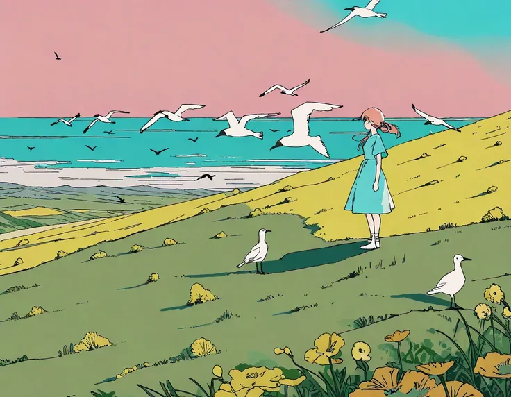 flat color, a girl, standing on the a hill, wind, day, amazing quality, very beautiful color, by iamuu, aesthetic, birds, beautiful scener, perfect, expansive
