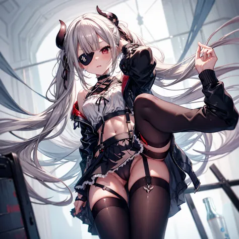 ((Highest quality)), ((masterpiece)), ((detailed)), (4K), (nsfw), 1girl, 独奏, (eyepatch), crop top, leather jacket, Torn miniskirt, suspender skirt, torn pantyhose, torn panties, panties under pantyhose, choker, bracelet, erect nipples, (rain), ((wet)), see...