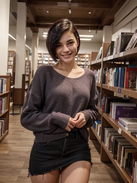 8k, RAW photo, best quality, ultra high resolution, photorealistic, slim girl with black purple short undercut haircut, smiling, in a library, warm clothes