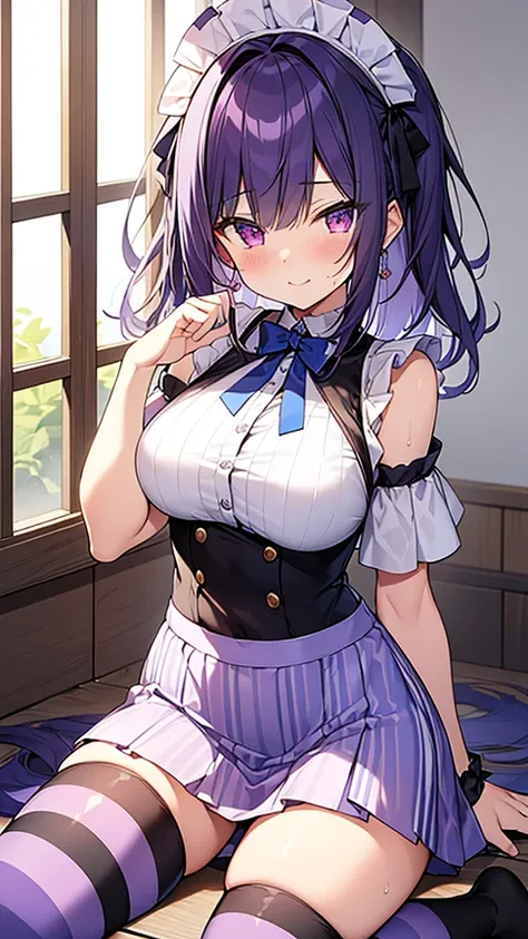 最high quality, high quality, Super detailed, 32k, Ultra-detailed details, Sister and maid, ( 立ってる, pretty girl, beautiful purple hair, Beautiful purple eyes, Big Breasts, A light smile, Red eyes, Off-the-shoulder sleeveless Summer clothes, Summer casual ma...