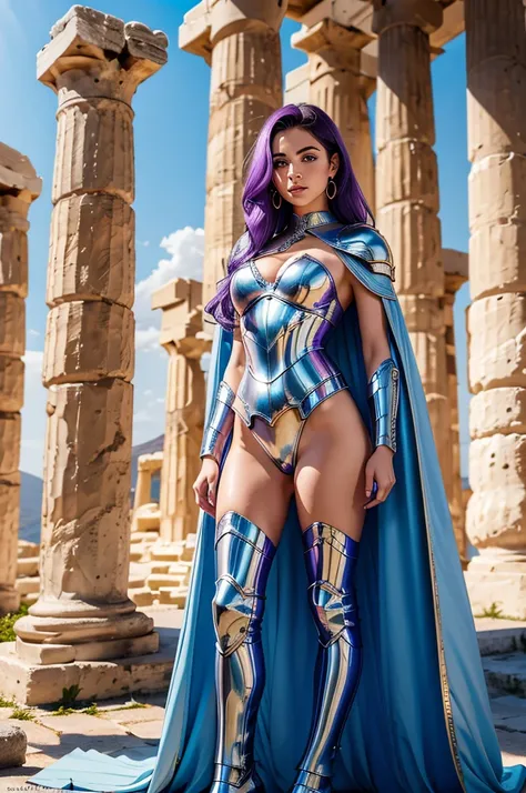 one woman, 25 year old, Greek goddness, purple hairs, blue eyes, greece, ancien temple, perfect bosy, masterclass, HD, 8k, wearing an armor, armure cisellée, fish armor, scales, design, white cape, dark enegy aura, in an ancient greek temple in ruins