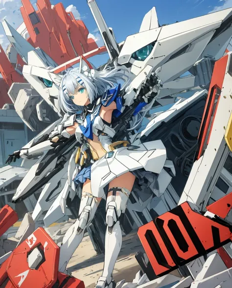 Masterpiece, sexy mecha-musume, light mecha top suit ((small neko ears)) and ((fox tail)), mechanical extensions, stokings, she is holding a giant Sniper Rifle Pointed to the ground, 
Beautiful face with perfect sky-blue and green eyes, white long hair, da...