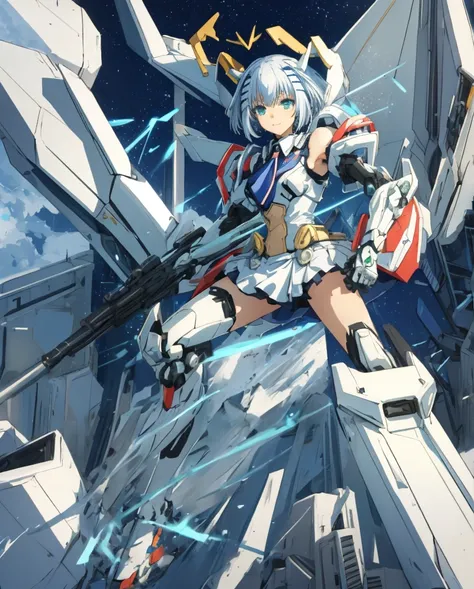 Masterpiece, sexy mecha-musume, light mecha top suit ((small neko ears)) and ((fox tail)), mechanical extensions, stokings, she is holding a giant Sniper Rifle Pointed to the ground, 
Beautiful face with perfect sky-blue and green eyes, white long hair, da...