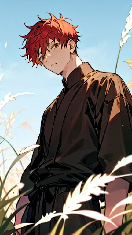 1 man,Satoru Gojo,pale red hair,short hair,hair between eyes,Brown eyes,black eyelashes, relaxed facial expression,indifferent look,stands in the middle of the field