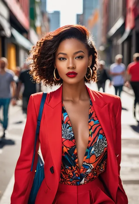 "A stylish young woman in a vibrant red outfit walking down a bustling city street. She exudes confidence and flair, with street art and urban architecture in the background. The photo captures the energy and vibrancy of street style fashion."