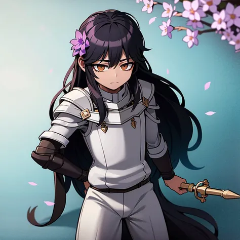 Full body, solo, brownskin boy in armor, black armor with engraved, brown eyes, Black hair, white cape with black fur collar, 1boy, spear in background, spear, violet sea of ​​flowers, violet ​​flowers, sleeping under a tree, night, 8k