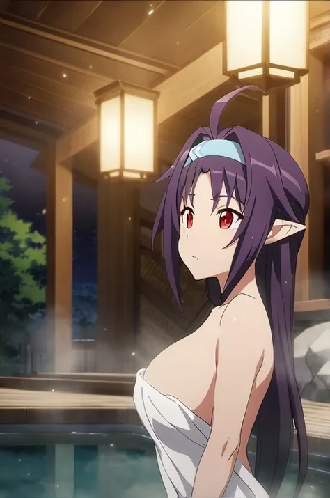 dsyuuki, purple hair, long hair, ahoge, red eyes, pointy ears, hairband, big breasts, naked towel, 1girl, solo, BREAK onsen, water, outdoors, night sky, depth of field, cinematic, game cg, anime screencap, official art, masterpiece, best quality,