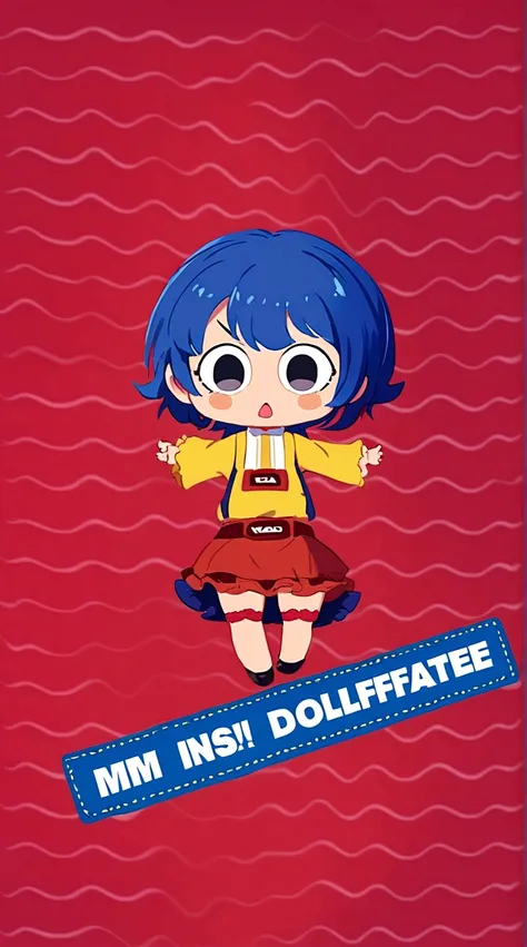 dollface, Red hair, white blouse, ruffled skirt in red, yellow and blue.