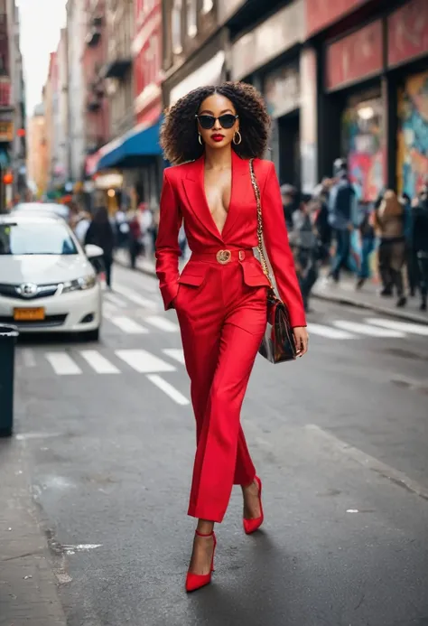 "A stylish young woman in a vibrant red outfit walking down a bustling city street. She exudes confidence and flair, with street art and urban architecture in the background. The photo captures the energy and vibrancy of street style fashion.", full length...