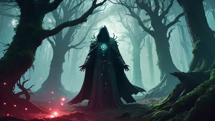 an image of a dark lycan priest in a dense, mystical forest, set in a medieval fantasy world.

The scene unfolds deep within the heart of the forest, where ancient trees loom tall and twisted, their gnarled branches reaching towards the ominous sky. Shafts...