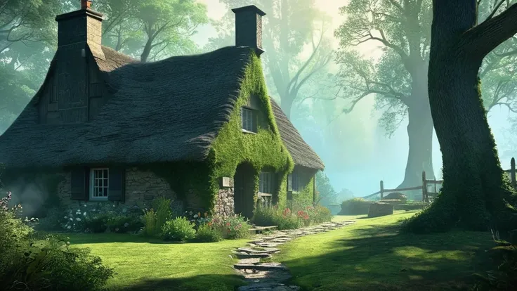 Create an evocative image of a small cottage nestled deep within a dark medieval forest. The scene is illuminated by the soft glow of moonlight filtering through ancient, gnarled trees. Moss-covered rocks and ferns carpet the forest floor, adding to the at...