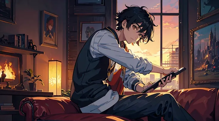 there is a brown skin boy with brown eyes sitting on a couch with a cell phone, digital anime illustration, anime boy, artwork in the style of guweiz, looking at his phone, in an anime style, in anime style, anime lover, high quality anime artstyle, anime ...