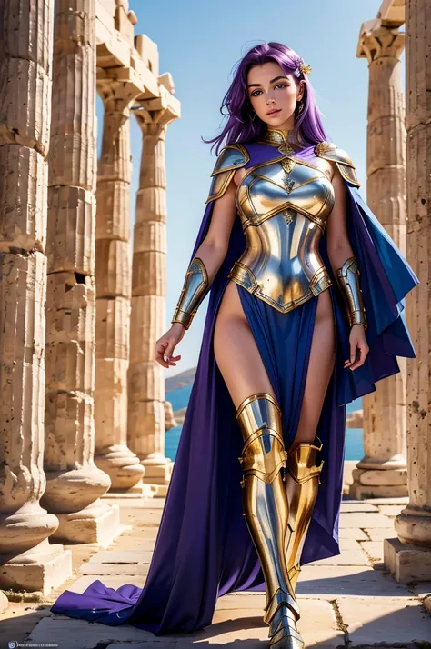 one woman, 25 year old, Greek goddness, purple hairs, blue eyes, greece, ancien temple, perfect bosy, masterclass, HD, 8k, wearing an armor, gold armor, armure cisellée, fish armor, scales, design, white cape, dark enegy aura, in an ancient greek temple in...