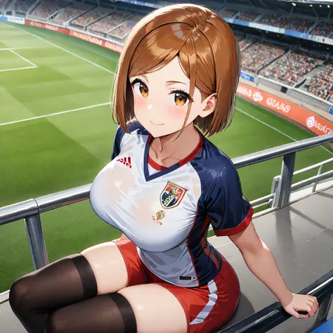 1girl, sportswear, soccer uniform, brown hair, solo, brown eyes, thighhighs, short hair, looking at viewer, sitting, shorts,Sexy figure ,smile, kugisaki nobara, stadium, shirt, black thighhighs, closed mouth, short sleeves, big breasts, soccer, bangs, outd...