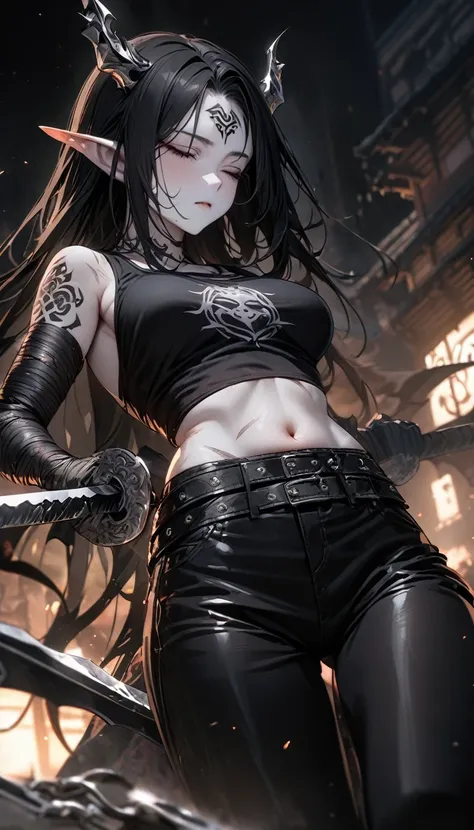 Adult girl, long black hair, closed eyes, pale skin, scars, eyes bondage, night elf ears, ritual tattoo, tight pants, magic tank top, silver elements, open belly, two blades, demon slayer form, demon hunter form, Masterpiece, best quality, Full HD, 8k, ult...