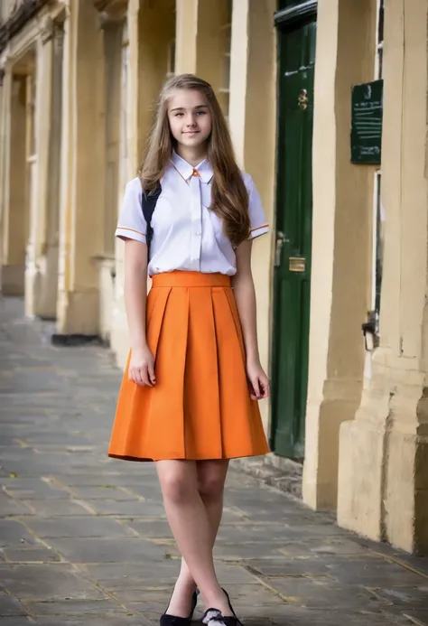 Pretty 16 year old British teenage girl in her formal orange school outfit 