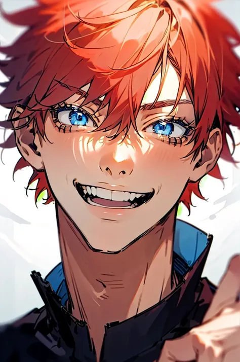 1 man,Satoru Gojo,pale red hair,Medium hair,hair between eyes,Blue eyes,black eyelashes, relaxed facial expression,smile on your face