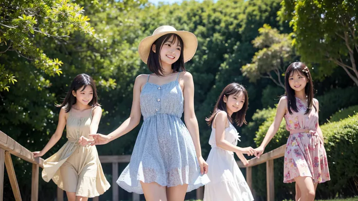 sun dress,3japanese girls,extremely detailed,standing,on straight,smile,pose,cowboy shot,master piece,danceing,wind,looking  away,