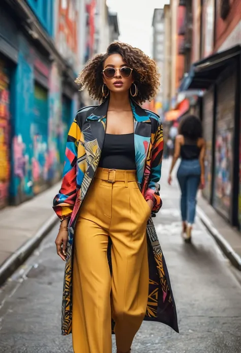 "A stylish  young beautiful woman in a stylish outfit walking down a bustling city street. She exudes confidence and flair, with street art and urban architecture in the background. The photo captures the energy and vibrancy of street style fashion.", full...