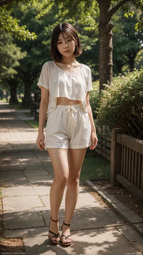 A photorealistic portrait of a 22-year-old Japanese woman with short hair a tall stature, dressed in summer clothing, full body shot, 8k hdr, highly detailed, featuring a natural, approachable expression with soft, natural lighting in a park setting.