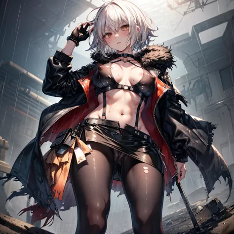 ((Highest quality)), ((masterpiece)), ((detailed)), (4K), (nsfw), 1girl, 独奏, (eyepatch), short hair, crop top, leather jacket, Torn miniskirt, suspender skirt, torn pantyhose, panties under pantyhose, cameltoe, choker, bracelet, erect nipples, (rain), ((we...