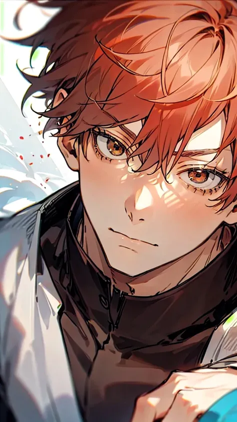 1 man,Satoru Gojo,pale red hair,short hair,hair between eyes,Brown eyes,black eyelashes, relaxed facial expression