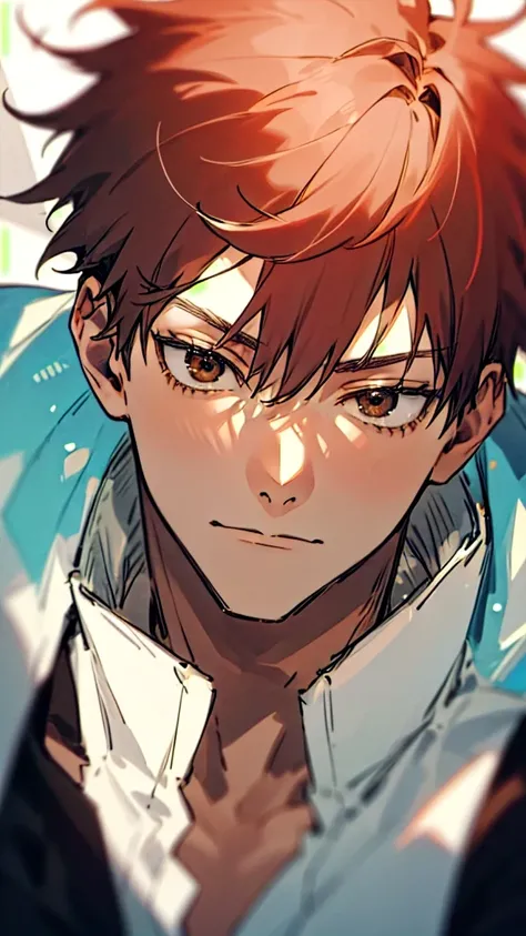 1 man,Satoru Gojo,pale red hair,short hair,hair between eyes,Brown eyes,black eyelashes, relaxed facial expression