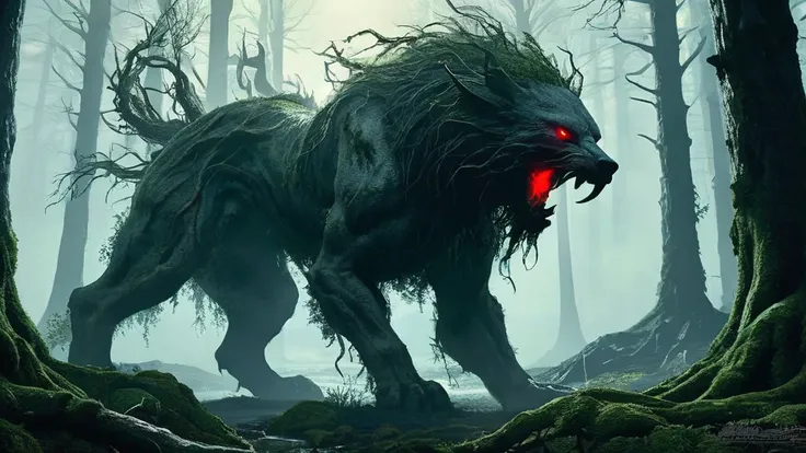 Create an eerie and captivating image of a lone lycan standing amidst a dense, ancient forest. The lycan should possess a formidable and otherworldly appearance, with glowing red eyes that pierce through the darkness. Its body is alien and monstrous, blend...