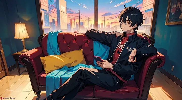 Solo, there is a brown skin black boy with brown eyes sitting on a couch with a cell phone, digital anime illustration, anime boy, artwork in the style of guweiz, looking at his phone, in an anime style, in anime style, anime lover, high quality anime arts...