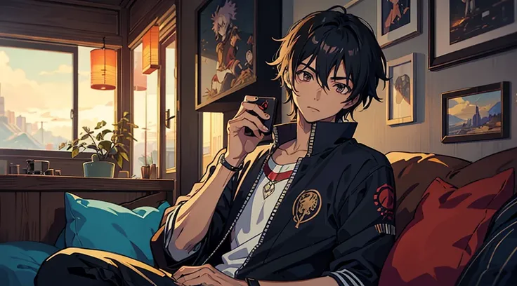 Solo, there is a brown skin black boy with brown eyes sitting on a couch with a cell phone, digital anime illustration, anime boy, artwork in the style of guweiz, looking at his phone, in an anime style, in anime style, anime lover, high quality anime arts...