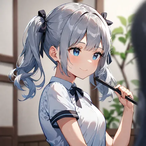 1girl, solo, blue eyes, ribbon, shirt, hair ribbon, white shirt, twintails, sexy body, hentai , blurry foreground, porn, holding, smile, closed mouth, short sleeves, looking to the side, upper body, depth of field, , grey hair, black ribbon, ((medium quali...